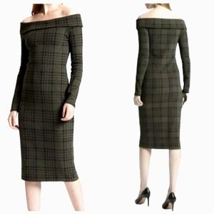 Nwot Banana Republic Plaid Olive/Black 3/4 Sleeve Off Shoulder Knit Penc…